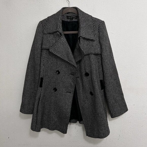 Via Spiga Coat Black Gray Check Double Breasted Peacoat Jacket Wool Cotton Sz 10 - Picture 8 of 12